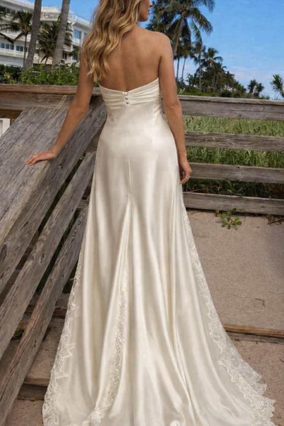 White A-Line Strapless Sweetheart Lace Appliques Satin Evening Prom Dress