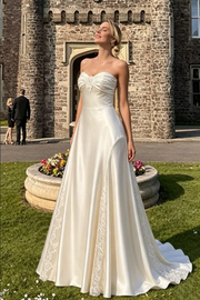 White A-Line Strapless Sweetheart Lace Appliques Satin Evening Prom Dress
