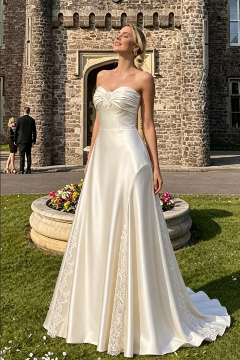 White A-Line Strapless Sweetheart Lace Appliques Satin Evening Prom Dress