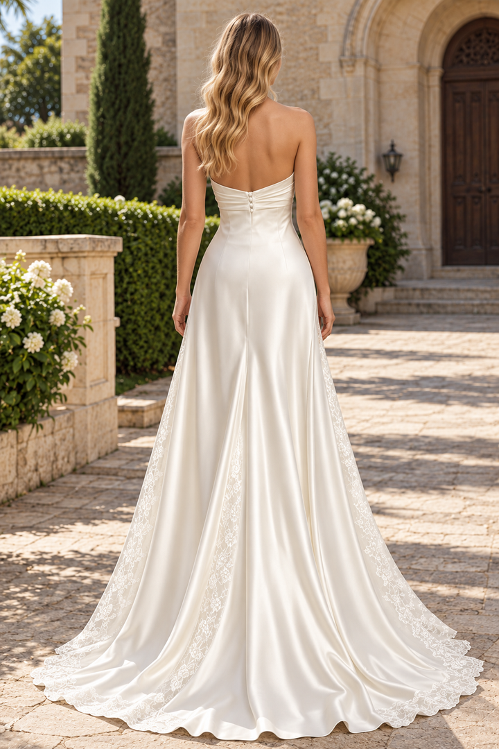 White A-Line Strapless Sweetheart Lace Appliques Satin Evening Prom Dress