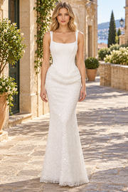 White Double Straps Glitter Sleeveless Mermaid Evening Prom Dress