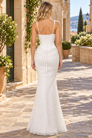 White Double Straps Glitter Sleeveless Mermaid Evening Prom Dress
