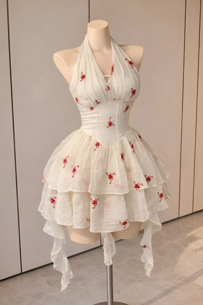 White Floral Halter Mini Dress Corset Homecoming Party Dress