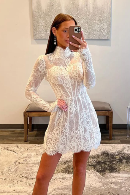 White High Neck Lace Long Sleeves A-Line Short Homecoming Dress