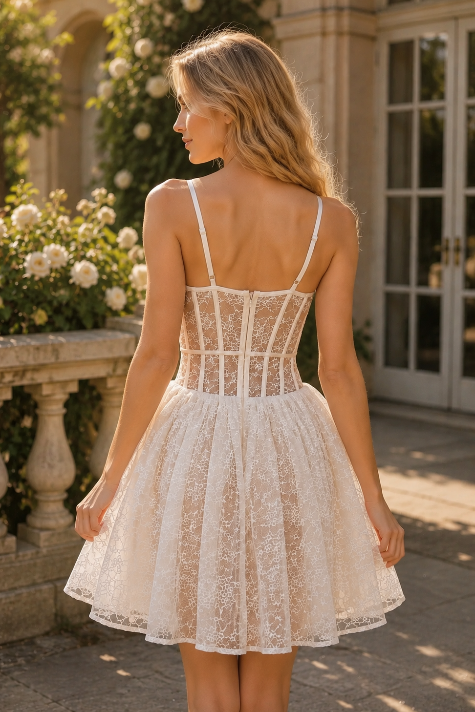 White Lace Corset A-Line Homecoming Mini Dress with Spaghetti Straps