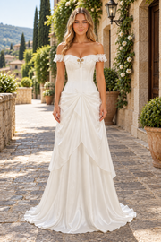 White Off-Shoulder A-Line Ruffles Empire-Waist Satin Pleats Long Evening Prom Dress