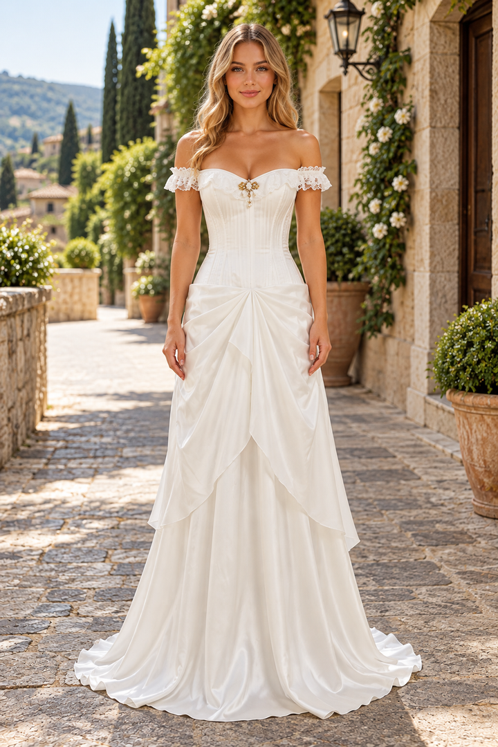 White Off-Shoulder A-Line Ruffles Empire-Waist Satin Pleats Long Evening Prom Dress