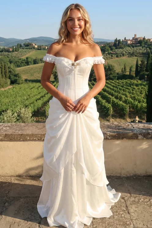 White Off-Shoulder A-Line Ruffles Empire-Waist Satin Pleats Long Evening Prom Dress
