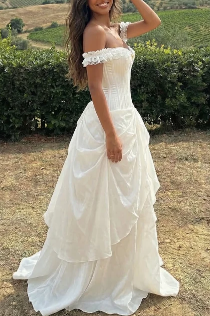 White Off-Shoulder A-Line Ruffles Empire-Waist Satin Pleats Long Evening Prom Dress