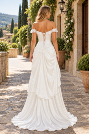 White Off-Shoulder A-Line Ruffles Empire-Waist Satin Pleats Long Evening Prom Dress