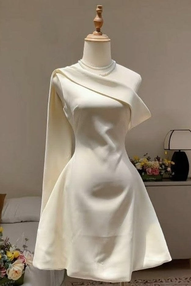 White One Shoulder A-Line Satin Sleeveless Homecoming Cocktail Dress