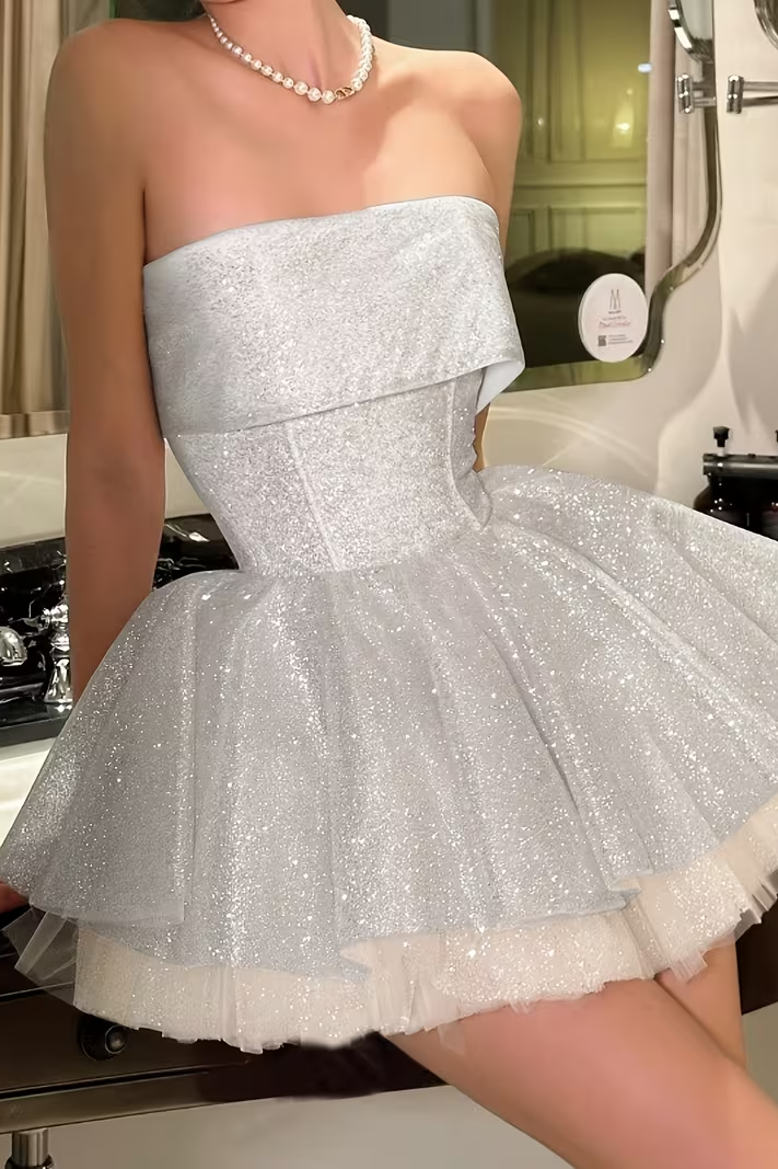 White Sequin Strapless Mini Dress Corset Homecoming Party Dress