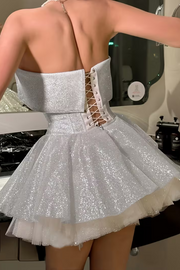 White Sequin Strapless Mini Dress Corset Homecoming Party Dress