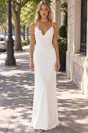 White Spaghetti Strapless V-Neck Satin Sleeveless Long Prom Formal Dress