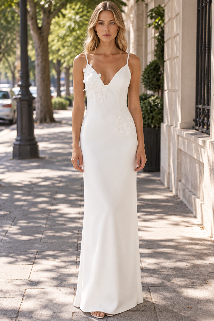 White Spaghetti Strapless V-Neck Satin Sleeveless Long Prom Formal Dress