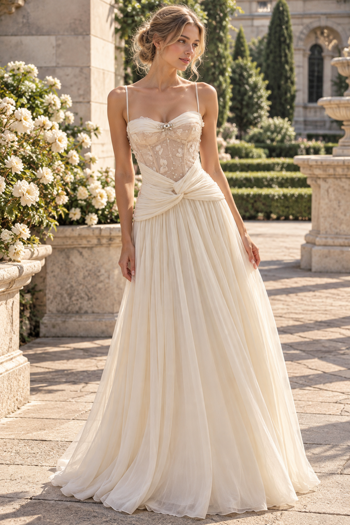 White Spaghetti Straps A-Line Sweetheart Chiffon Pleated Long Prom Dress