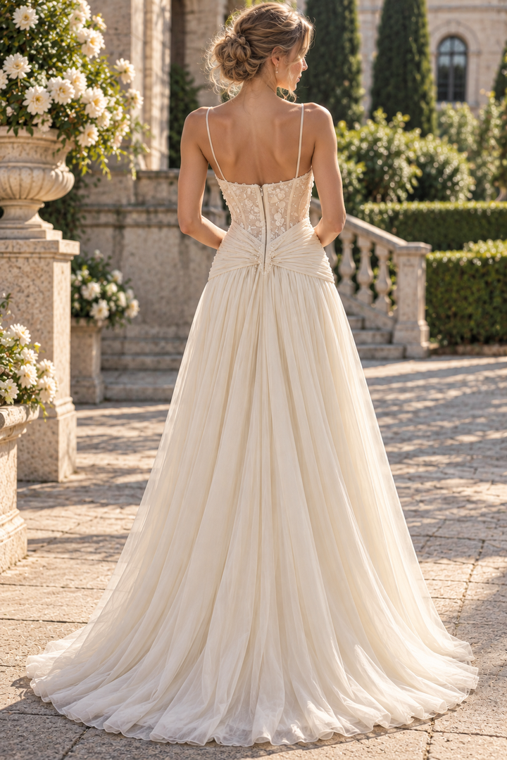 White Spaghetti Straps A-Line Sweetheart Chiffon Pleated Long Prom Dress