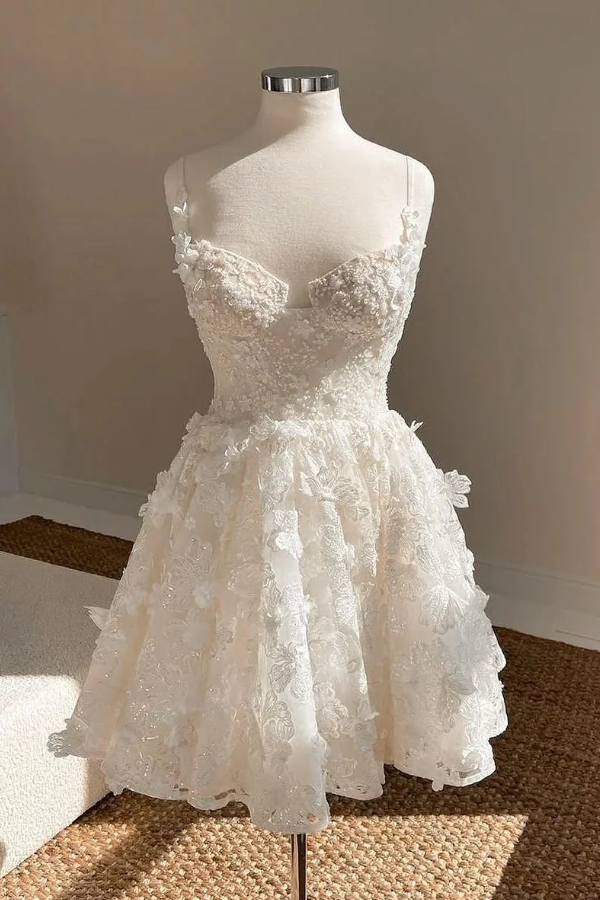 White Spaghetti Straps A-Line V-Neck Appliques Short Homecoming Dress