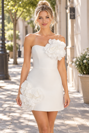 White Strapless 3D Flower Strapless Satin Homecoming Dress