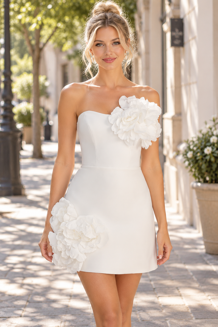 White Strapless 3D Flower Strapless Satin Homecoming Dress