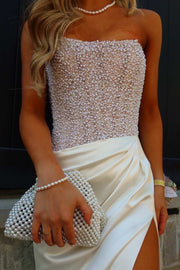 White Strapless Beads Pleats High Slit Long Prom Dress