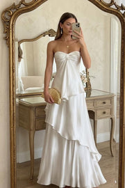 White Sweetheart A-Line Strapless Tiered Satin Prom Formal Dress