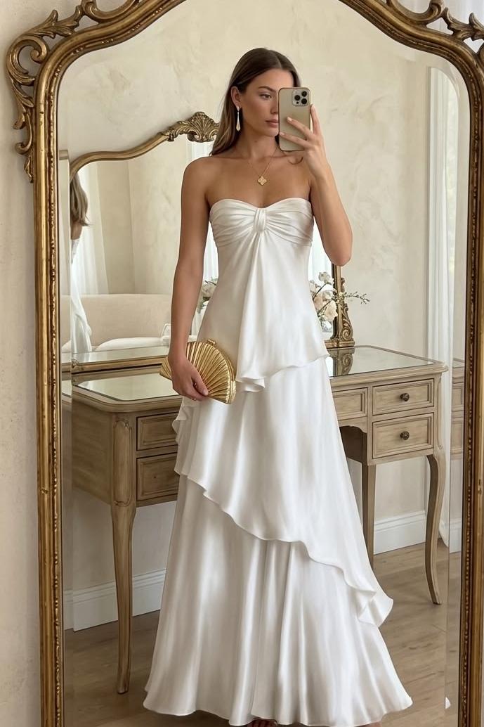 White Sweetheart A-Line Strapless Tiered Satin Prom Formal Dress