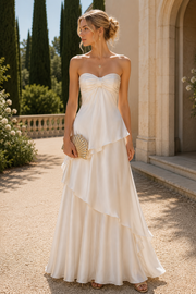 White Sweetheart A-Line Strapless Tiered Satin Prom Formal Dress