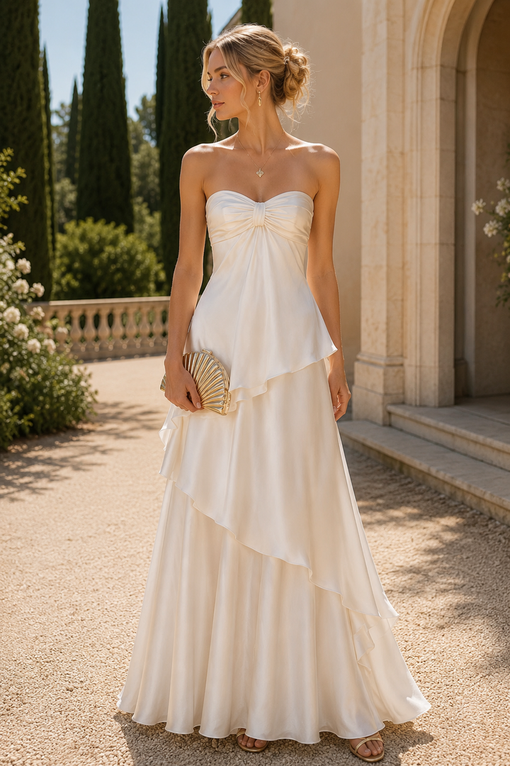 White Sweetheart A-Line Strapless Tiered Satin Prom Formal Dress
