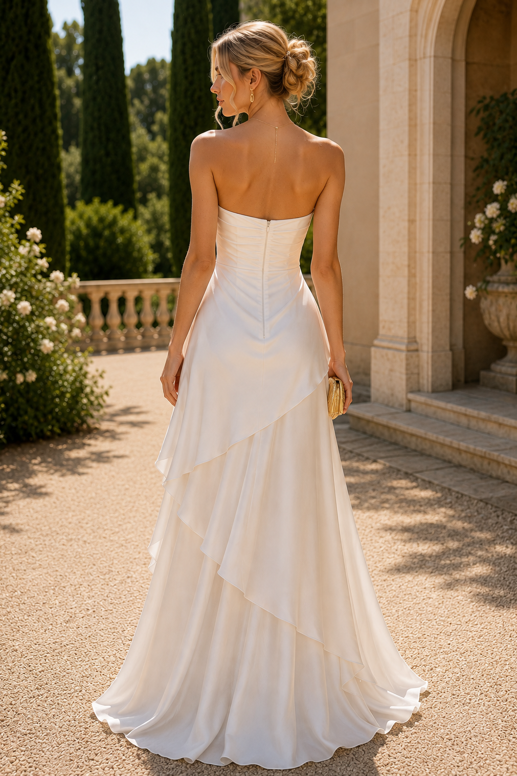 White Sweetheart A-Line Strapless Tiered Satin Prom Formal Dress