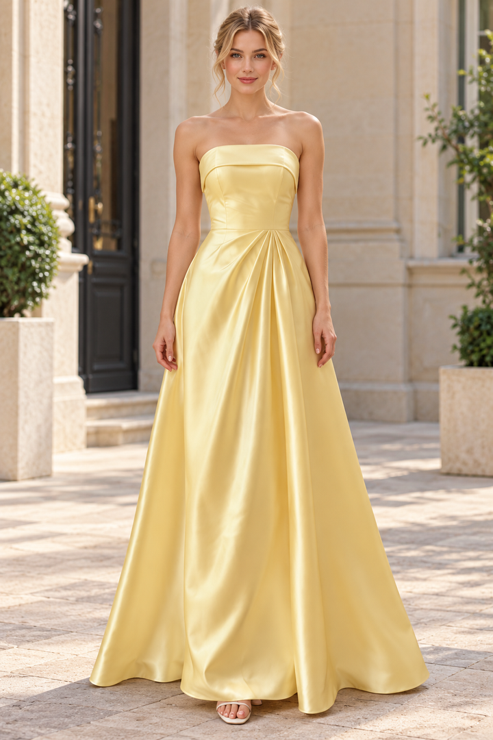 Yellow A-Line Strapless Empire-Waist Satin Pleats Long Prom Formal Dress