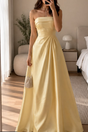Yellow A-Line Strapless Empire-Waist Satin Pleats Long Prom Formal Dress