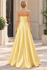 Yellow A-Line Strapless Empire-Waist Satin Pleats Long Prom Formal Dress