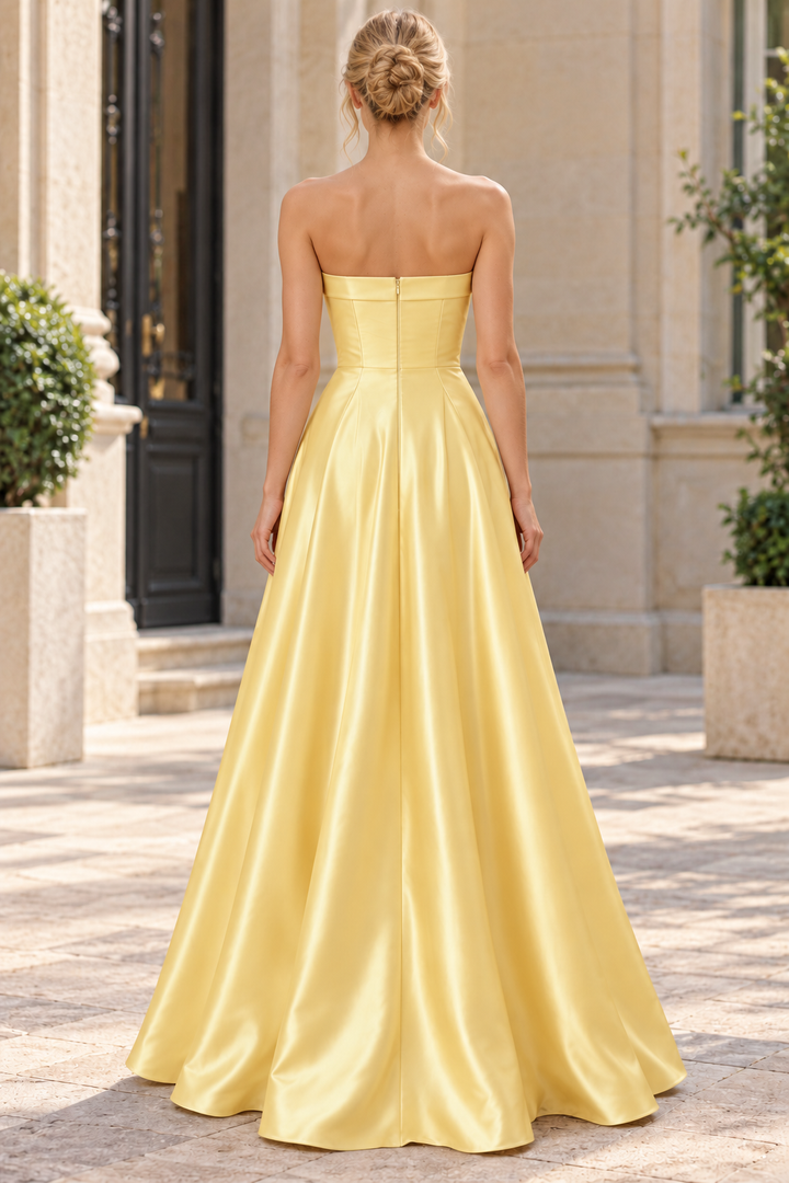 Yellow A-Line Strapless Empire-Waist Satin Pleats Long Prom Formal Dress