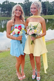 Yellow A-Line Strapless Pleats Satin Empire-Waist Sleeveless Short Homecoming Dress