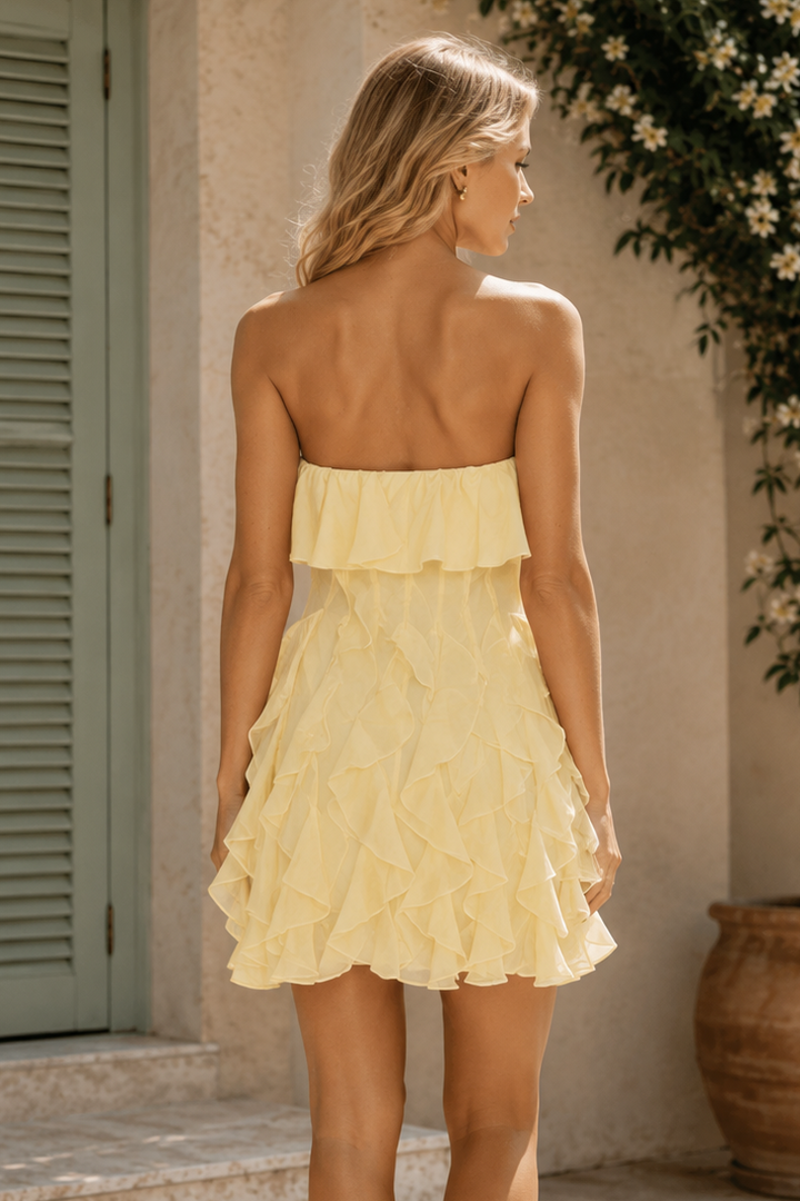 Yellow A-Line Strapless Ruffles Sleeveless Short Homecoming Dress