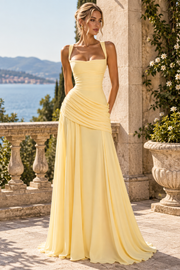 Yellow Chiffon A-Line Ruched Sleeveless Long Prom Evening Dress