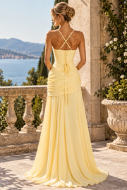 Yellow Chiffon A-Line Ruched Sleeveless Long Prom Evening Dress