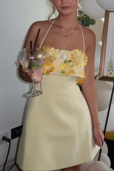 Yellow Halter Flower Appliques A-Line Summer Homecoming Dress