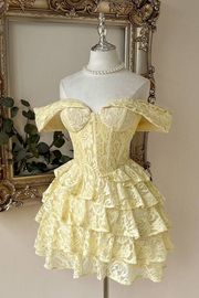 Yellow Lace Mini Dress Off Shoulder Corset Homecoming Dress