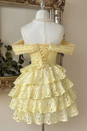 Yellow Lace Mini Dress Off Shoulder Corset Homecoming Dress