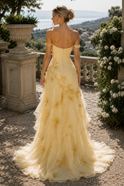 Yellow Off-Shoulder A-Line Appliques Tiered Prom Dress with Appliques