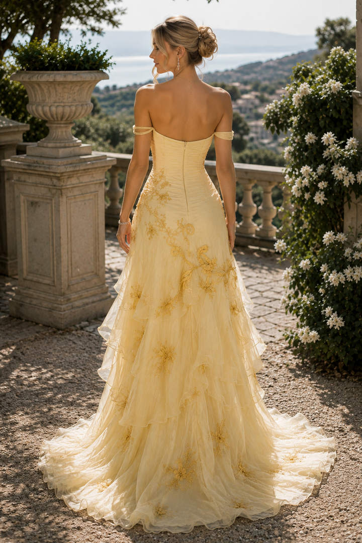 Yellow Off-Shoulder A-Line Appliques Tiered Prom Dress with Appliques