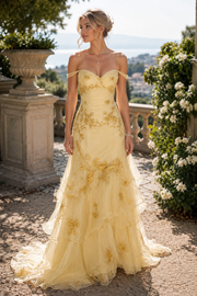 Yellow Off-Shoulder A-Line Appliques Tiered Prom Dress with Appliques