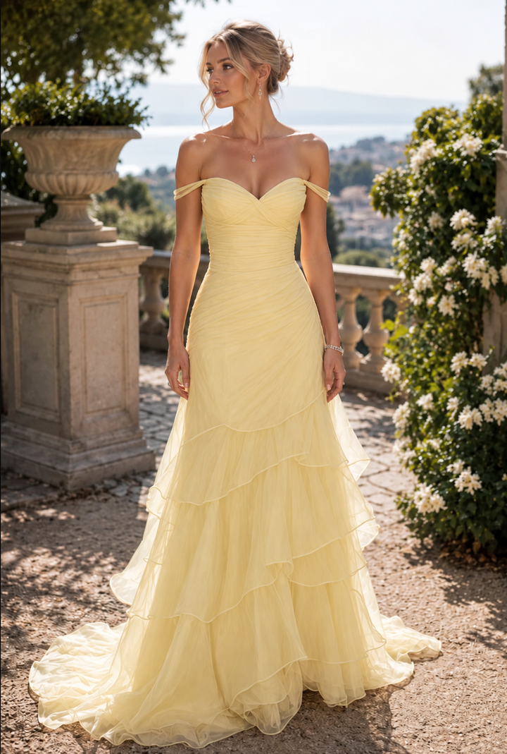 Yellow Off-Shoulder A-Line Ruffles Chiffon Sweetheart Prom Dress with Train