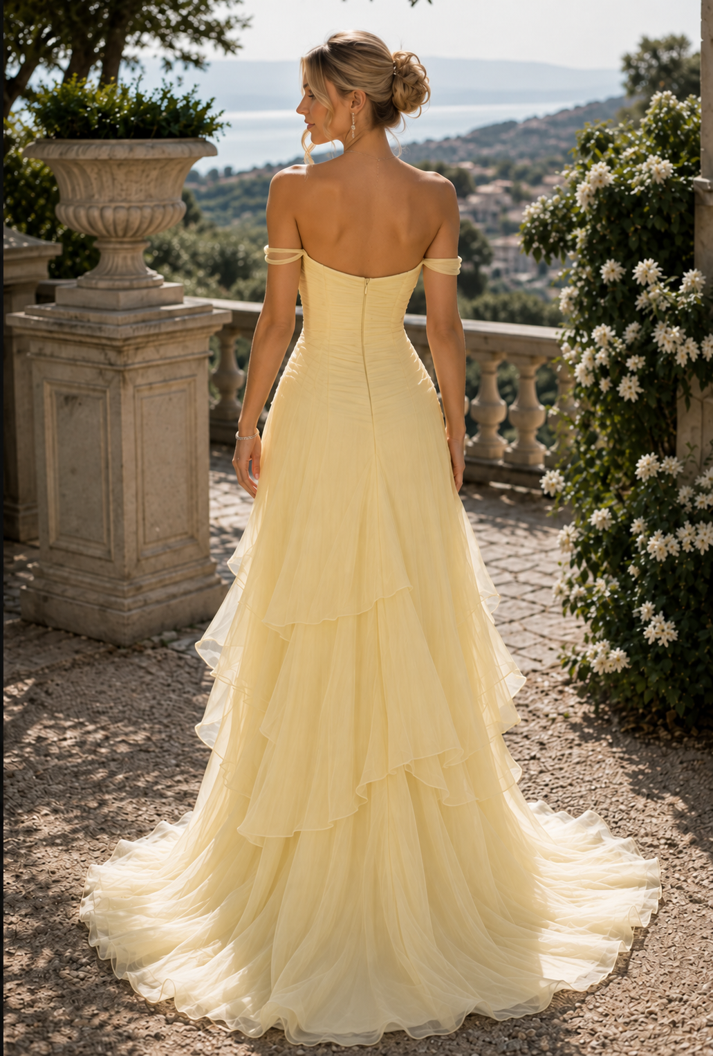 Yellow Off-Shoulder A-Line Ruffles Chiffon Sweetheart Prom Dress with Train