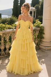 Yellow Off-Shoulder A-Line Tiered Ruffle Long Prom Dress