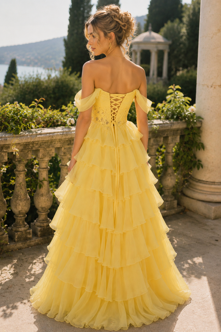 Yellow Off-Shoulder A-Line Tiered Ruffle Long Prom Dress