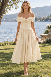 Yellow Off-Shoulder Empire-Waist A-Line Pleated Satin Prom Formal Dress