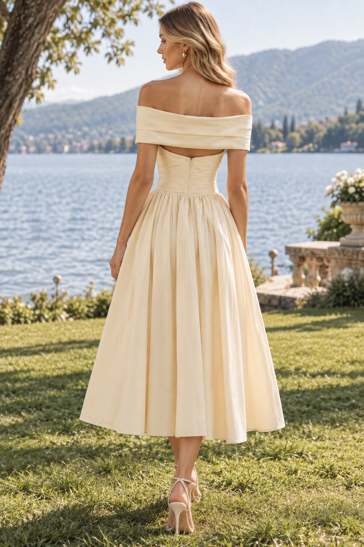 Yellow Off-Shoulder Empire-Waist A-Line Pleated Satin Prom Formal Dress